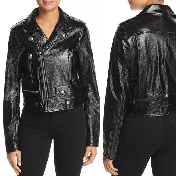 Elie Tahari Jacalyn Patent Leather Moto Jacket Black L - Picture 3 of 11